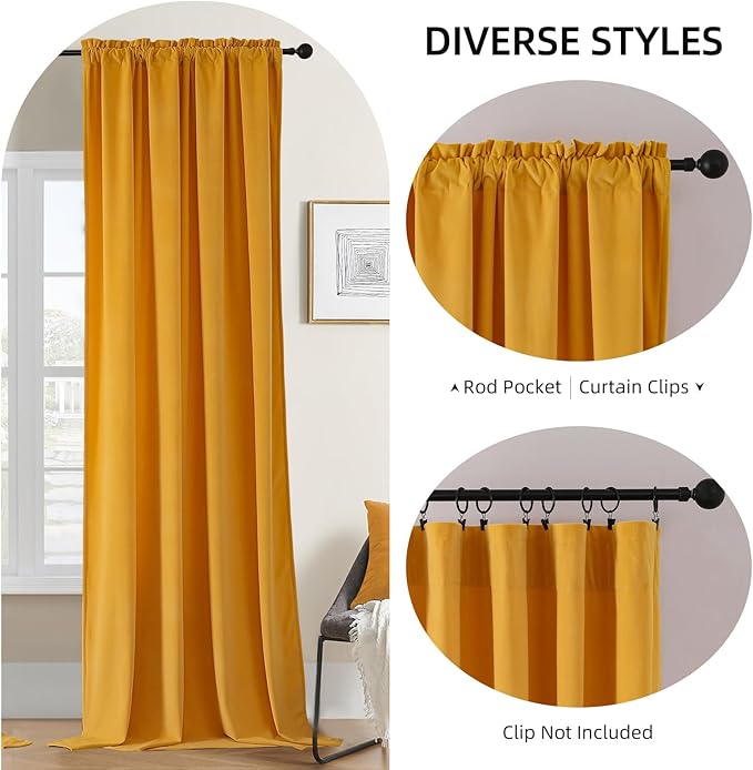 Joydeco Yellow Velvet Curtains 63 inch Length 2 Panels, Luxury Blackout Rod Pocket Thermal Insulated Window Curtains, Super Soft Room Darkening Drapes for Living Dining Room Bedroom,W52 x L63 inches