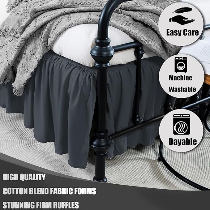 Black Bed Skirt Full Size Ruffled Bed Skirt with Split Corners, Full Bed Skirt 16 Inch Drop, Full Size Bed Skirt Black for Ruffled Bed Skirt with Split Corners, Bed Skirt Full Size