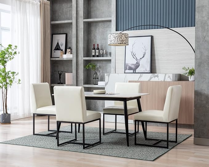 CIMOTA Modern Dining Chairs Set of 2, Leather Dining Room Chairs Upholstered Armless Guest Side Chair with Black Base for Dining Room/Kitchen, Cream 2PCS