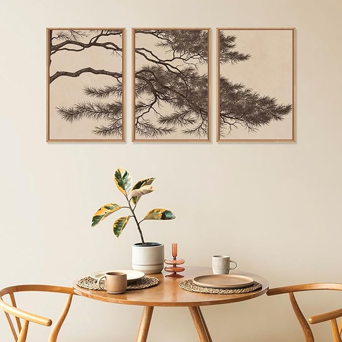 LHIUEM Large Vintage Pine Tree Branch Framed Canvas Wall Art,Sketch Botanical Wall Decor,Nature Plant Artwork,Brown Antique Etching Art Prints for Living Room,Bedroom,Office- 16"x24"x3