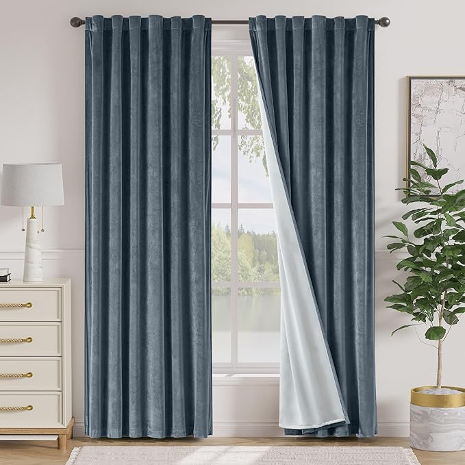 Lazzzy Blue Blackout Velvet Curtains 84 Inch Long Thermal Insulated Room Darkening Lined Curtain Drapes Luxury Back Tab Window Treatments for Bedroom Living Room 2 Panels, 52 x 84 Inch, Aegean Blue