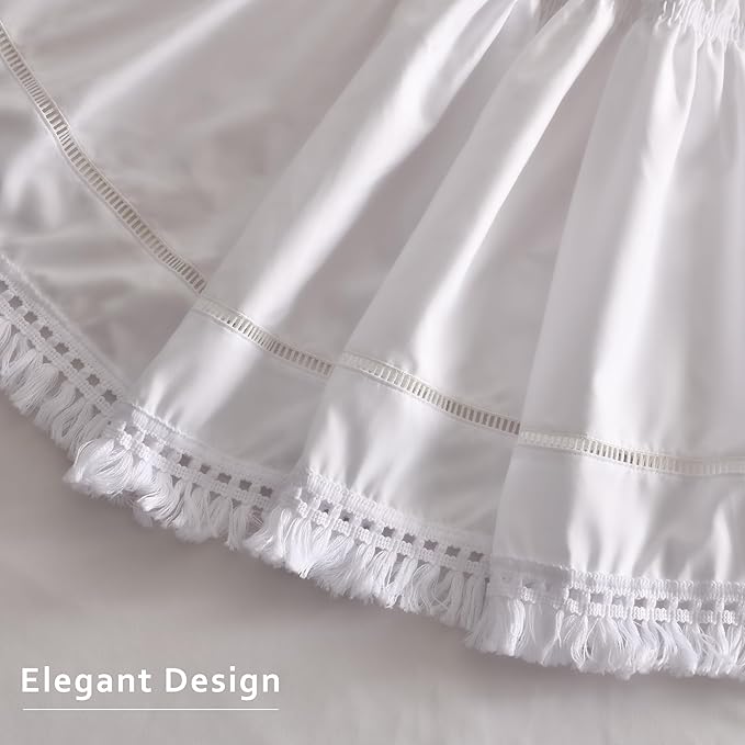 MIYE Wrap Around Ruffled Lace Bed Skirt, Elastic Dust Ruffle with Adjustable Belts, Easy to Put On, Bed Frame Cover, Machine Washable (Tassel Ruffle/White, King/Queen-15 Drop)