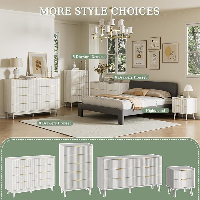 LYNSOM Fluted Dresser and Nightstand Sets 3 Piece, 6-Drawers Dresser and 1-Drawer Nightstands Set of 2, Wood Bedroom Furniture Set for Home, Bedroom, Hallway, White