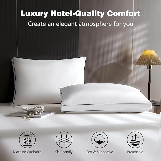 Feather Down Pillows Standard Size Set of 2 Pack, Luxury Hotel Collection Bed Pillow, Soft Medium Firm Feathers Pillow For Sleeping, Down Surrounded Gusseted Pillows for Side Back Stomach Sleepers