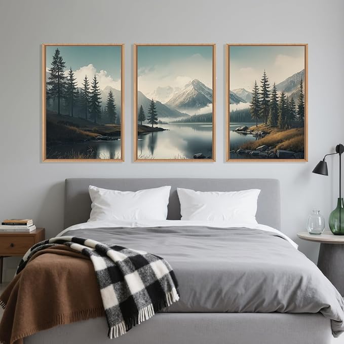 LHIUEM Large Mountain Misty Forest Framed Canvas Wall Art,Nature Ridge Foggy Wall Decor,Snow Lake Woodland Wall Painting,Pine Tree Artwork for Living Room,Bedroom,Dining Room,Office -24"x36"x3