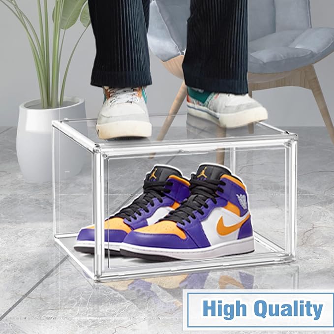 10 Pcs Clear Shoe Storage Boxes Stackable Acrylic Sneaker Shoe Display Case Size 14, Transparent Storage Bins for Boot Handbag Organizer Containers with Magnetic Lids