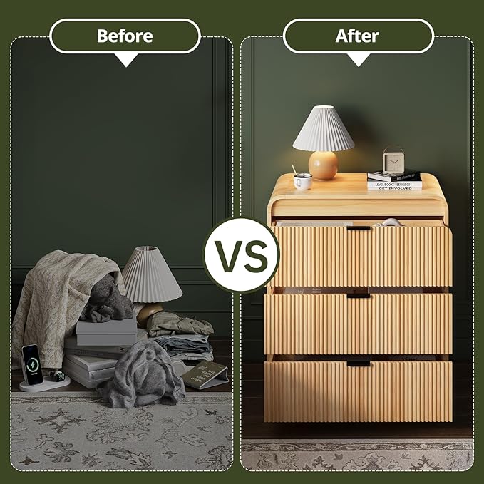 FURSUN 32" Tall Fluted Nightstand Set of 2, 3 Drawers Wooden End Table w/Storage, Curved Profile Design, Modern Bedside Table for Bedroom, Natural Oak