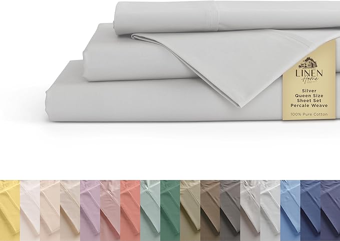 Linen Home 100% Cotton Percale Sheets Queen Size, Silver, Deep Pocket, 4 Pieces Set - 1 Flat, 1 Deep Pocket Fitted Sheet and 2 Pillowcases, Crisp Cool and Strong Bed Linen