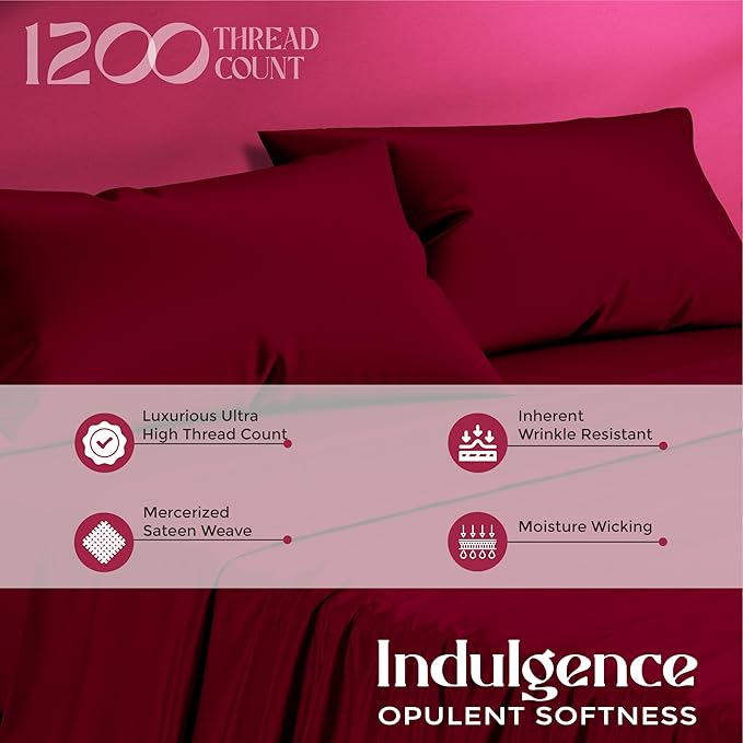 Mayfair Linen 100% Egyptian Cotton Full Size Bed Sheets - Luxury 1200 Thread Count Egyptian Cotton Sheets Full Size Bed Set (4 PC, Burgundy), Silky Soft, Cooling, 17" Deep Pocket Sateen Weave Bedding