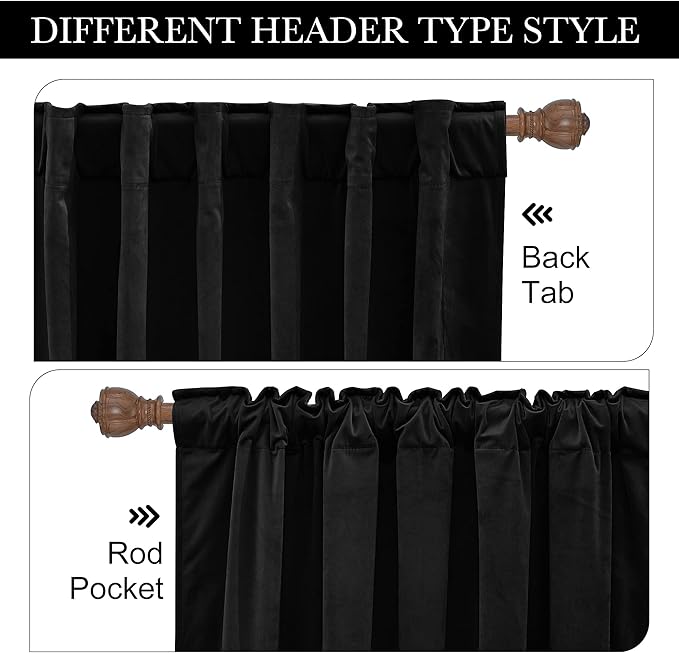 RYB Home Black Velvet Curtains 90 inches - Blackout Heavy Duty Curtains Soft Luxury Back Tab Window Covering Privacy Protection for Kids Room Bathroom Basement, Black, W52 x L90 inches, 2 Panels