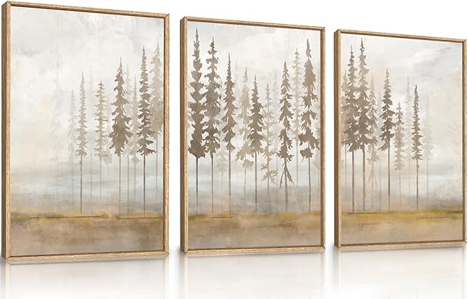 LHIUEM Large Pine Tree Framed Canvas Wall Art Set,Forest Trees Nature Wall Decor,Modern Landscape Artwork, Foggy Forest Painting for Living Room, Bedroom,Office-24 x36 x3
