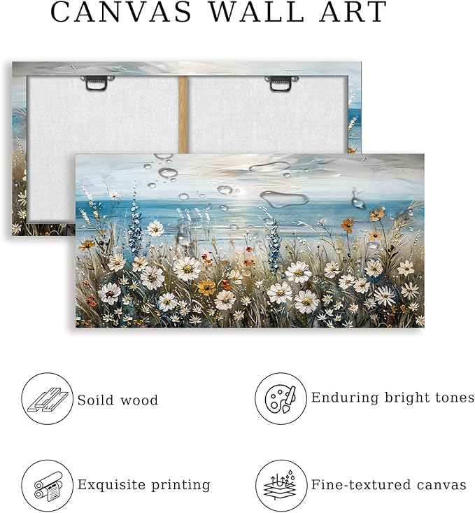 SERIMINO Large Wall Art for Living Room, Coastal Landscape Wall Decor, Beach Daisy Canvas Prints Farmhouse Decor, Wildflowers Bathroom Pictures Home Decor Aesthetic, Dining Room Kitchen Artwork 24"X48"