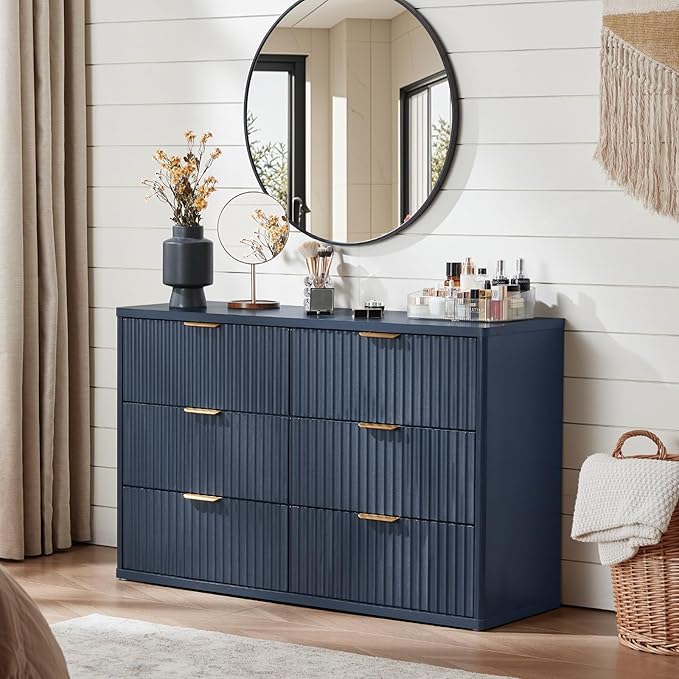LEYAOYAO Fluted Dressers & Nightstand Set of 3, Wood 48" Wide Dresser & 42" Tall Chest of Drawers,Modern Bedroom Furniture Sets, Navy Blue Wooden Nightstand with 3 Drawers & Charging Station