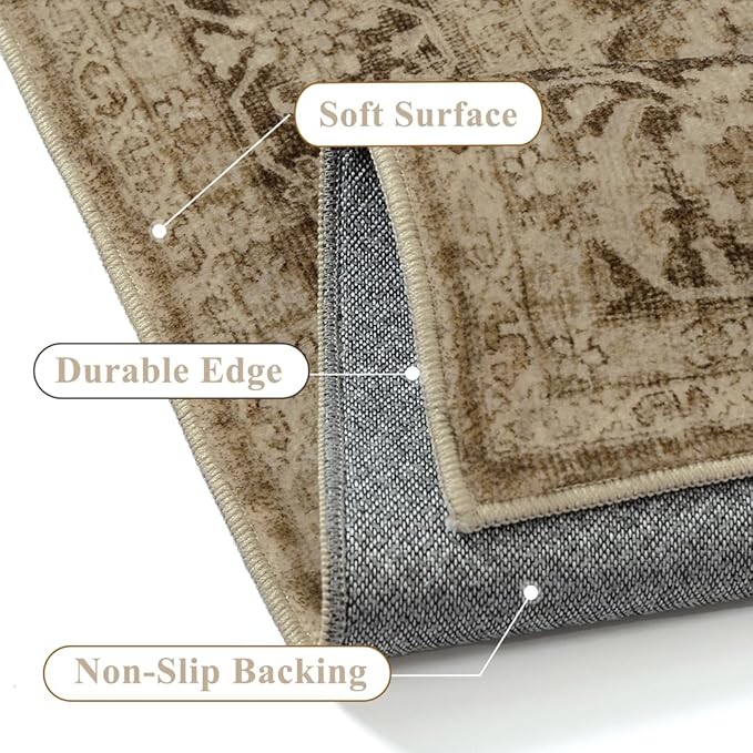 Brown 2x6 Runner Rug Hallway Non Slip Kitchen Vintage Distressed Long Carpet Indoor Machine Washable Traditional Floral Bedroom Accent Throw Rug for Office Laundry Bathroom Dining Living Room