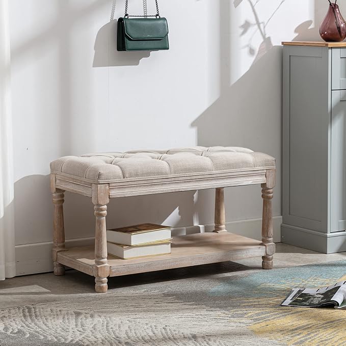 DUOMAY Farmhouse Tufted Storage Ottoman Bench with Shelf, 31.5" Width Linen Upholstered Entryway Shoe Ottoman Foot Stool for Bedroom Living Room Dining Room, Beige