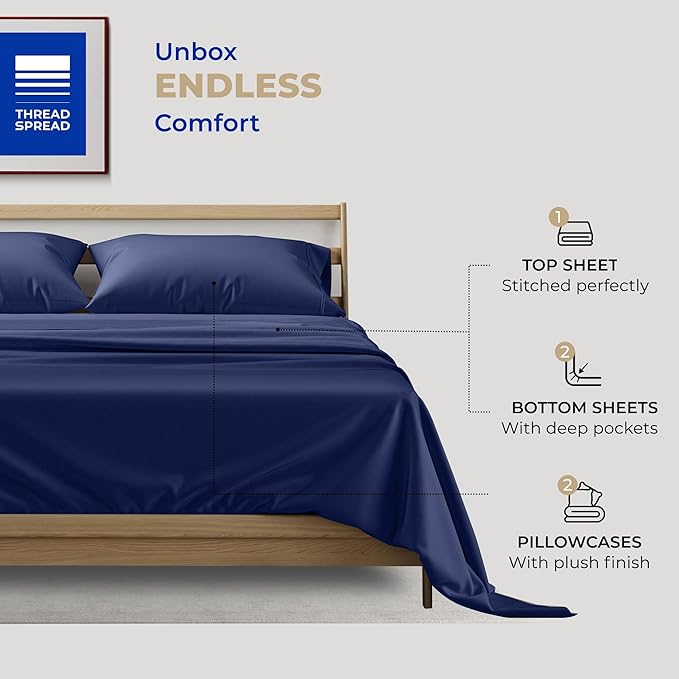 THREAD SPREAD 100% Cotton Split King Sheets - 400 Thread Count 5 PC Hotel Quality Sheet for Adjustable Bed - Ultra Soft, Fits Upto 18" Deep Pocket Split King Bed Sheet (Navy Blue)