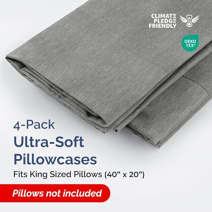 King Pillow Cases Set of 4 - Ultra Soft Hotel Quality Pillowcase Covers - Comfy, Cozy & Wrinkle Free - Shrinkage and Fade Resistant - Machine Washable Pillow Protectors - 4 Piece Set - Heathered Grey
