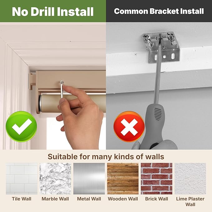 HESTIA No Drill Cordless Blackout Roller Shades Screwless Waterproof Shower Window Blinds, Auto-Retraction Easy Install Blind for Bathroom/Kitchen/Office/Exterior, Greige, 53" W x 72" H