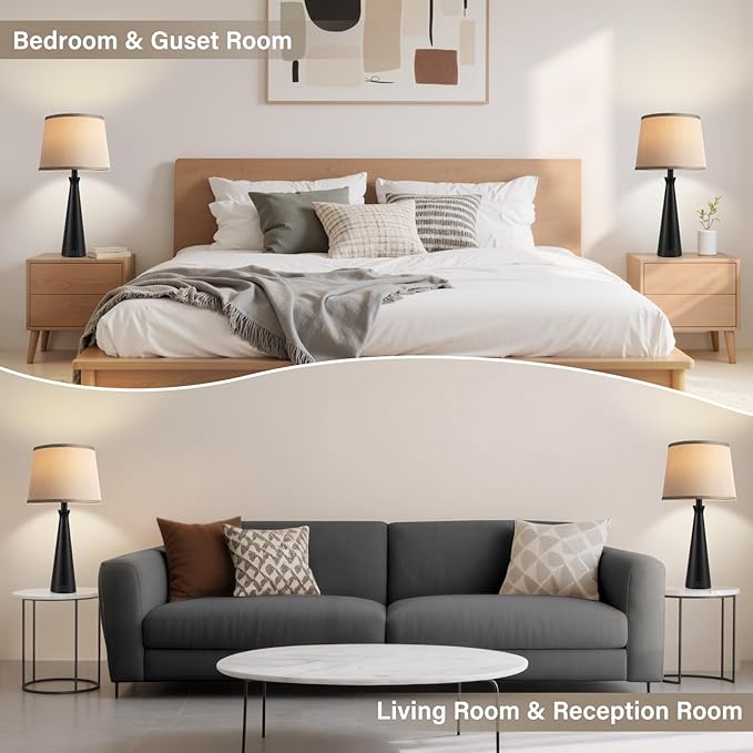 Seealle Modern Table Lamps Set of 2 - Touch Bedside Lamp for Nightstand with Dual USB C+A,3-Way Dimmable Black Nightstand Lamps for Living Room Bedroom End Table with Grey Shade(Bulb Included)
