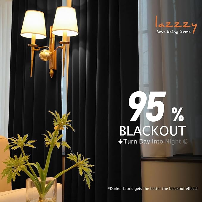 Lazzzy Velvet Blackout Curtains Thermal Insulated Room Window Drapes Super Soft Luxury Curtains for Living Room Bedroom Rod Pocket 2 Panels, Black, 42" W x 72" L