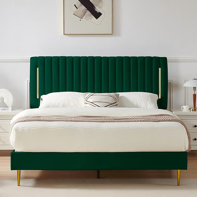 King Platform Bed Frame, Velvet Upholstered Bedframe with Vertical Channel Adjustable Headboard, Golden Plating Trim, Mattress Foundation with Wooden Slats, No Box Spring Needed, Green