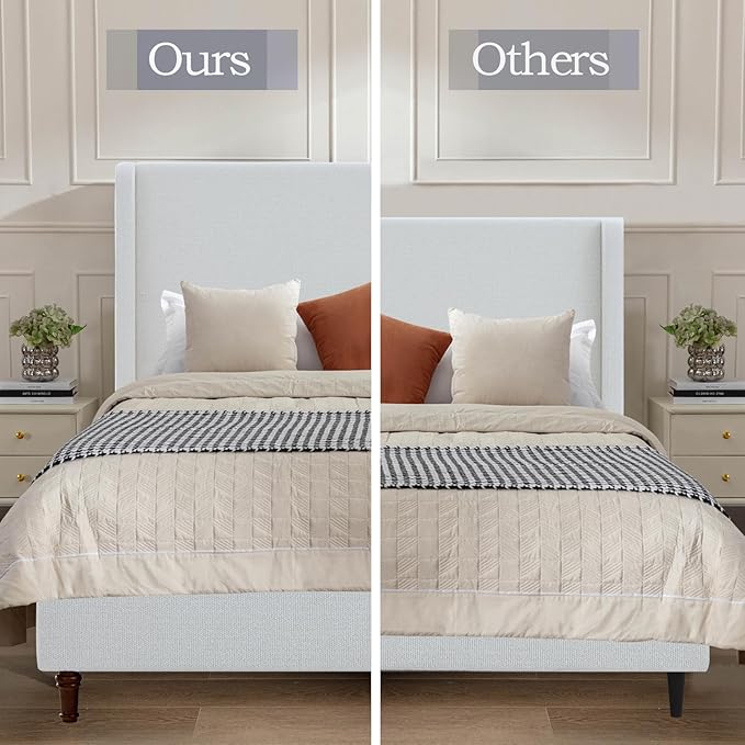 Queen Size Upholstered Bed Frame, 54" Tall Headboard Curved Wingback Platform Bed Frame/Elegant Boucle Bed Frame for Bedroom/ Wood Slats Support/No Box Spring Needed/Easy Assembly/Cream White Boucle