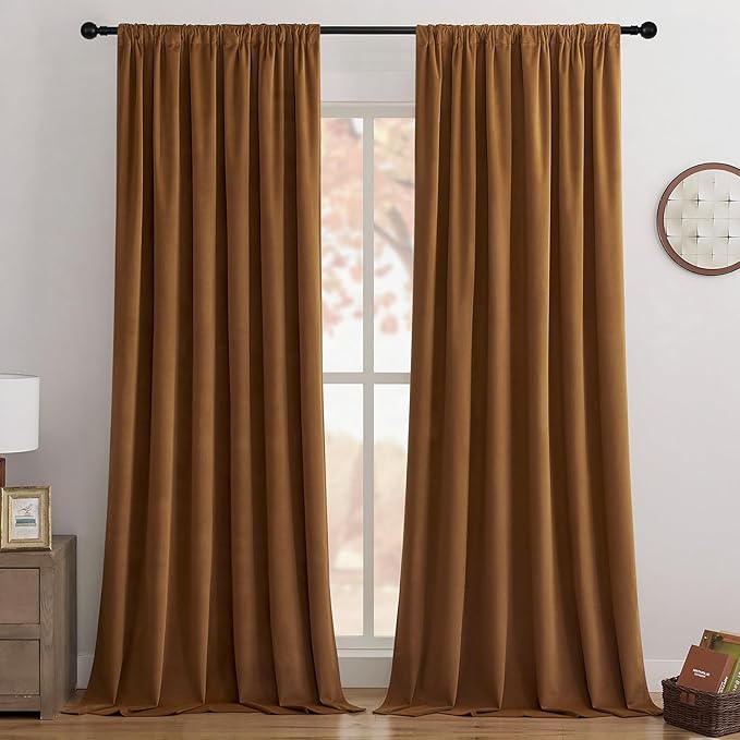Joydeco Golden Brown 100% Blackout Curtains 108 Inch 2 Panels, Luxury Thermal Brown Velvet Curtains for Bedroom Living Room, Soundproof Blackout Window Drapes, Rod Pocket & Back Tab (52W x 108L)