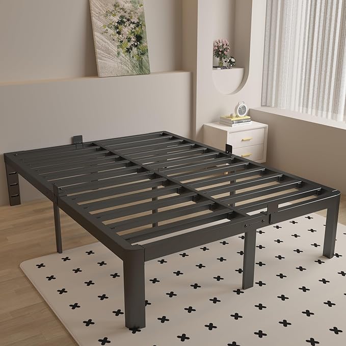 King Size Bed Frame 16 Inch Black, Metal King Bed Frame with Baffles, No Box Spring Needed, Heavy Duty Steel Platform Support, Round Corner Design, Reserved Holes, Noiseless, Easy Assembly