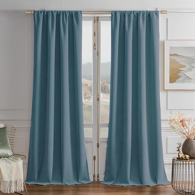Joydeco Greyish Blue Velvet Curtains 90 Inches 2 Panels, Luxury Thermal Insulated Soft Curtains for Bedroom & Living Room, Room Darkening Velvet Drapes, Rod Pocket (52W x 90L)