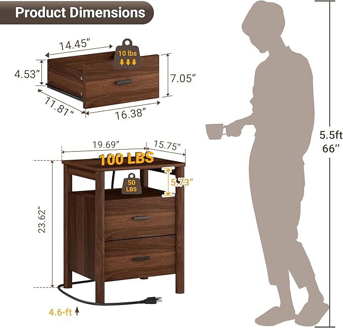 FavourLife Night Stand Set 2, 20" Wide Nightstands Set of 2, Modern Nightstand with Charging Station, 2 Drawer Wooden End Table with Solid Round Post Legs, Bedside Table w/Storage for Bedroom, Walnut