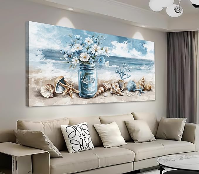 yearainn Coastal Canvas Wall Art - Rustic Jar Flowers Pictures Wall Decor Seashells Seaside Painting Artwork Ocean Landscape Prints for Living Room Bedroom Office Home Decor Ready to Hang 40" x 20"