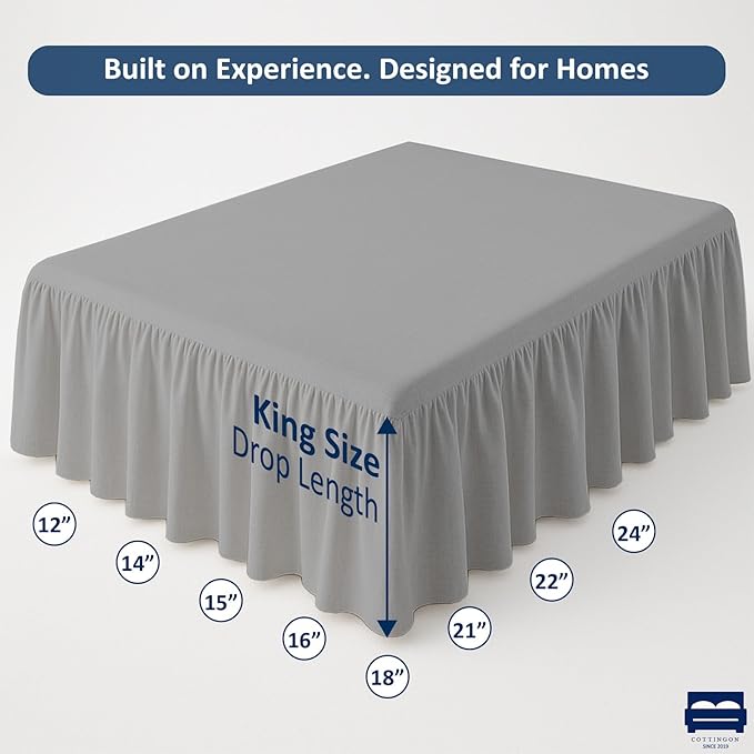 Ruffled Bed Skirt with Split Corners-Dust Ruffle - 15" Drop 100% Microfiber Soft,Sheen & Luxurious Look - Bed Skirts (Light Grey -King)