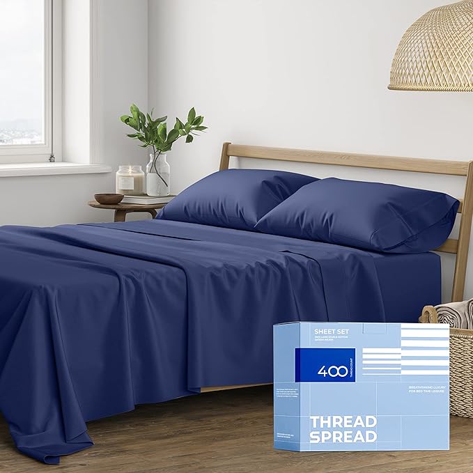 THREAD SPREAD Cotton Full Size Sheet Sets - 100% Egyptian 400 Thread Count 4 Piece 100% Cotton Bed Sheets, 16” Deep Pocket Ful Sheets Cotton, Soft, Cooling Full Sheet, Luxury Hotel Sheets (Navy Blue)