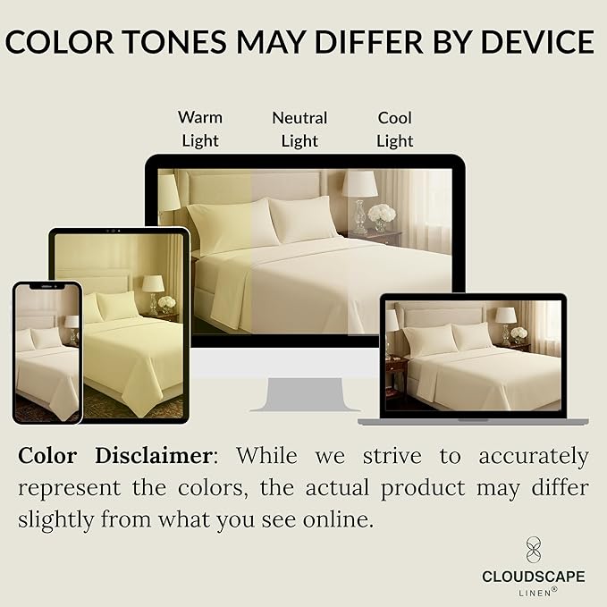 Cloud Scape Linen 100% Egyptian Cotton Sheets for Queen Size Bed, 400 Thread Count, 4 Pieces Bedding Set, Hotel Quality, Silky Soft, Deep Pockets up to 17”, Ivory