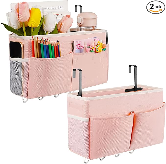 Bedside Storage Organizer 5 Pockets with 4 Hooks Hanging Storage Bag for Headboards/Bunk Bed (2Pack Pink)
