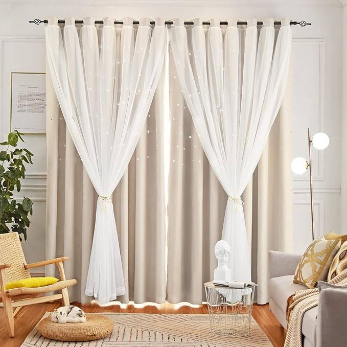 Star Double Layer Blackout Curtains for Bedroom & Kids, Cute, 108 Inches Long, 2 Panels Set, Beige, 42 X 108 Inches