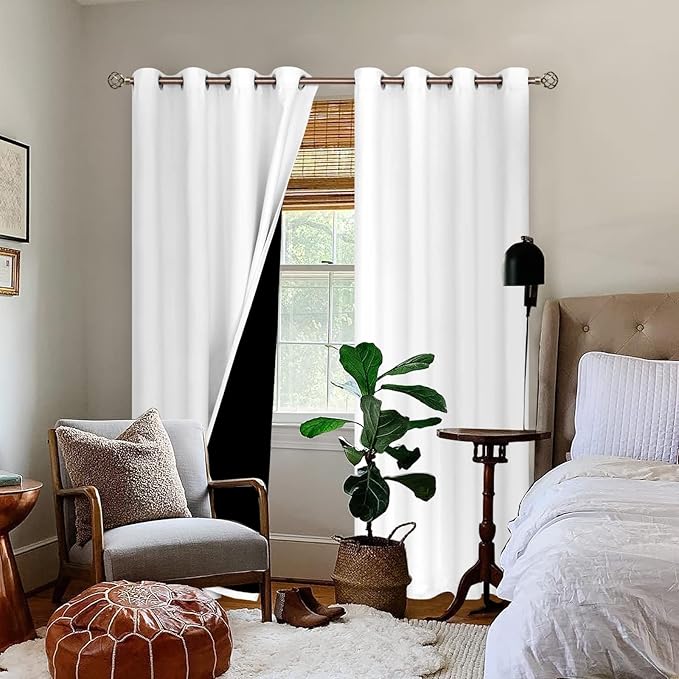 BGment Thermal Insulated 100% Blackout Curtains for Bedroom with Black Liner, Double Layer Full Room Darkening Noise Reducing Grommet Curtain (52 x 90 Inch, Pure White, 2 Panels)