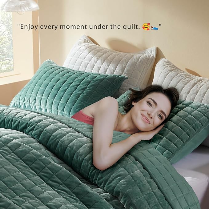 LEAONME Velvet Quilt King Size-98''x106'', Lightweight Aqua Green Velvet Comforter Set with 2 Pillow Shams, Soft Bedspread Coverlet Quilted Bedding Set for All Season