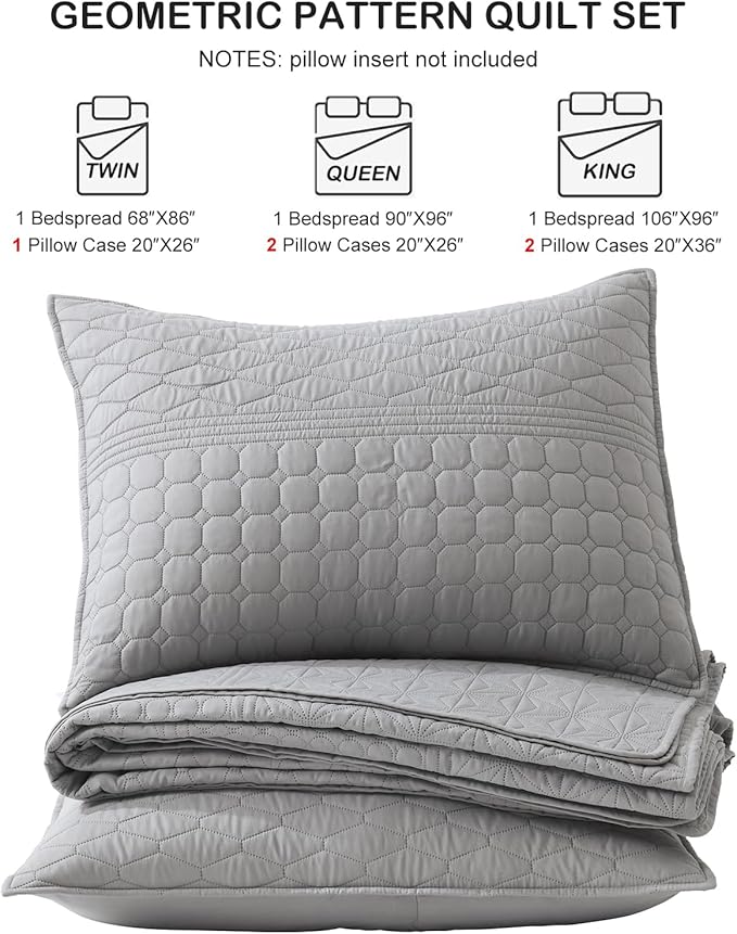 HORIMOTE HOME Grey King Size Quilt Set - Soft Microfiber Bedspread with 2 Shams, Lightweight & All-Season Geometric Coverlet for Cozy Bedding