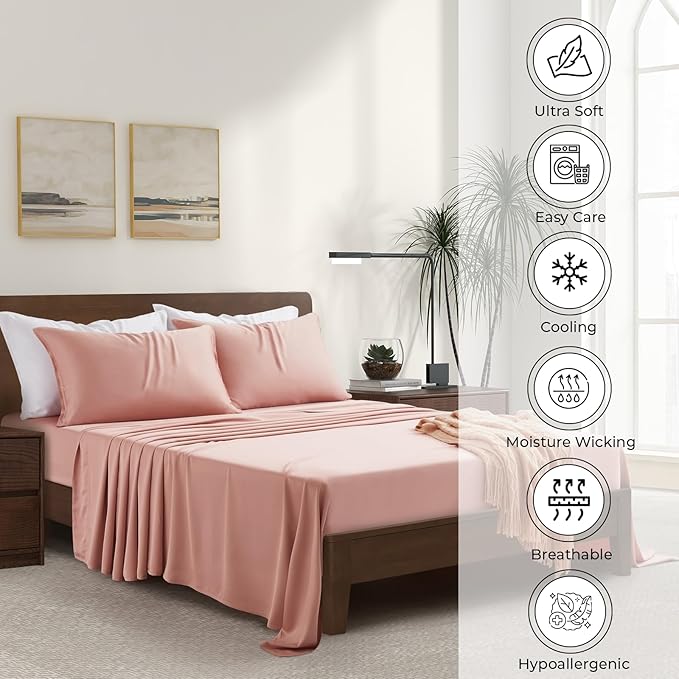 Luxury Bamboo Market | King Size Bed Sheet Set | 100% Viscose Made from Bamboo | Organically Grown | Ultra Soft | Cooling Sheets for Hot Sleepers | 17" Deep Pocket [Rose Quartz]