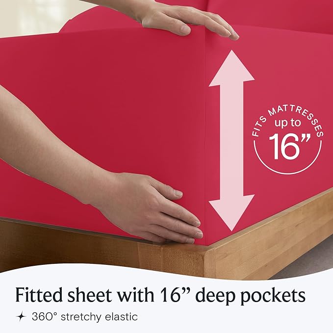 LuxClub 4 PC Sheet Set Bed Sheets Deep Pockets 16" Eco Friendly Wrinkle Free Cooling Machine Washable Hotel Bedding Silky Soft - Red Queen
