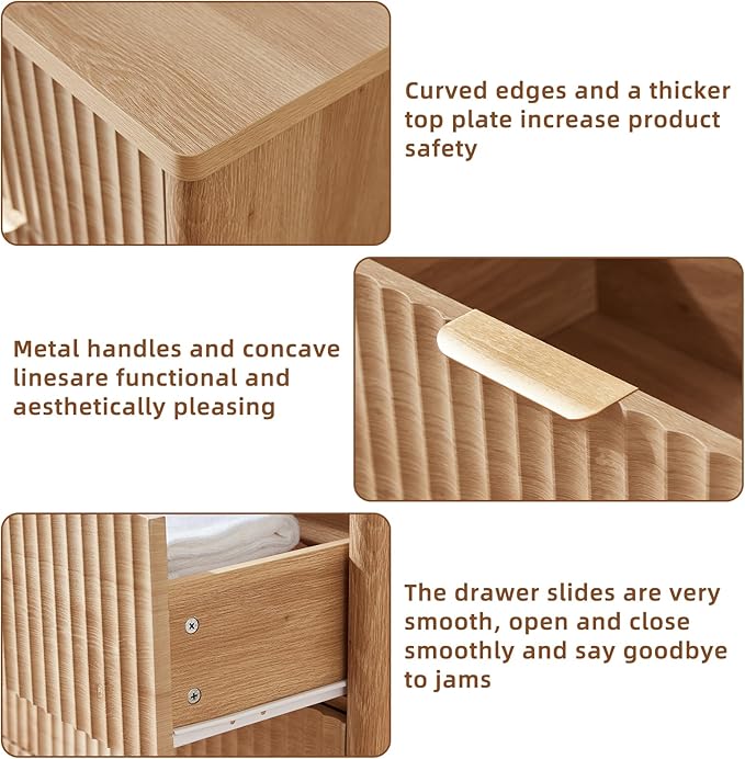 LEYAOYAO Fluted Dressers & Nightstand Set of 4, Wood 48" Wide Dresser & 42" Tall Chest of Drawers,Modern Bedroom Furniture Sets, Natural Wooden Nightstand Set of 2 with 3 Drawers & Charging Station
