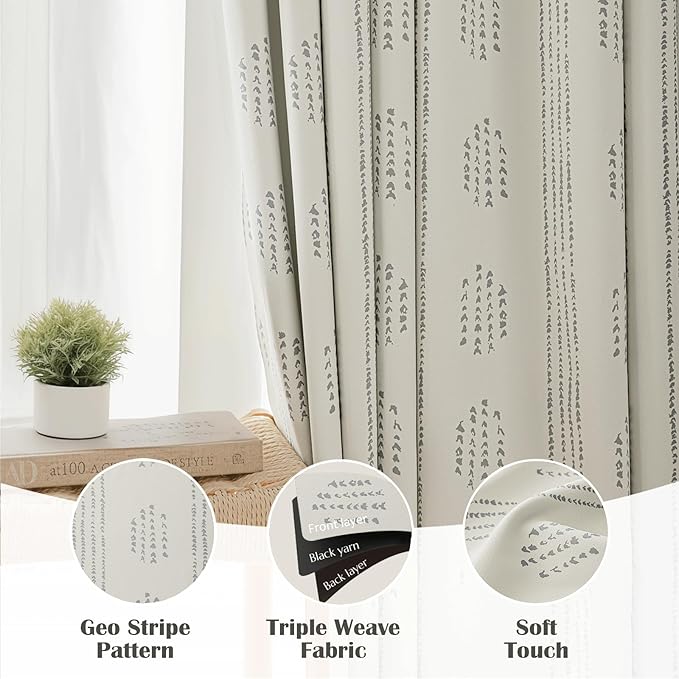 100% Boho Blackout Curtains 96 Inches Long for Bedroom, Grey on Beige Patterned Bohemian Curtains for Living Room, Geometric Striped Thermal Insulated Window Drapes Gromment Top 2 Panels