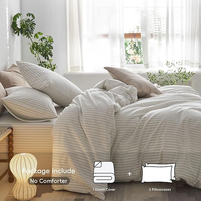 MooMee Striped Duvet Cover Set 100% Washed Cotton Linen Like Textured Breathable Durable Soft Comfy (White Sage Green Wide Stripes, Oversized Queen 98"x98")