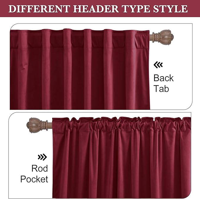 RYB HOME Burgundy Red Velvet Curtains for Christmas Decor, Soft Luxury Backdrops for Studio Theater, Back Tab Design for Bedroom Living Room, 62" W x L84 L, 2 Panels Set