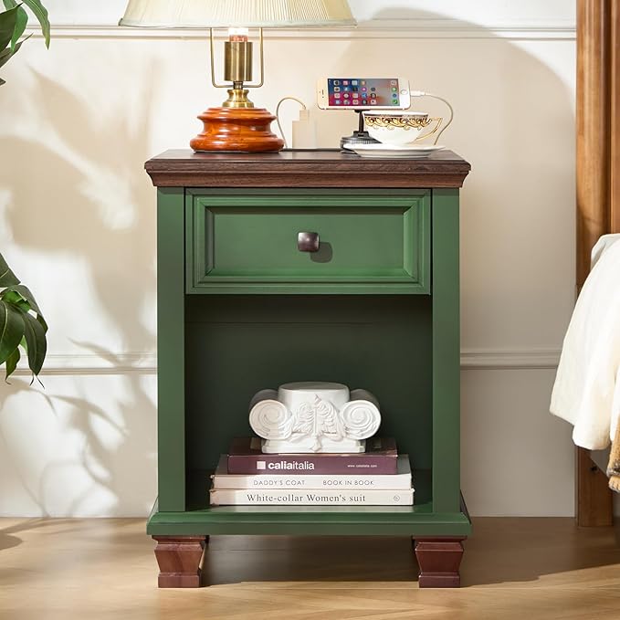 SAVOR LIFE Farmhouse End Tables Living Room Set of 2, Rustic Wood Nightstand with 1 Drawer, Bedside Table with Open Shelf for Bed Room, Side Table for Living Room, Green