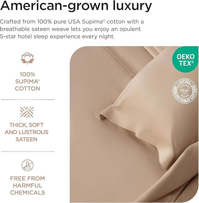 Threadmill Luxury Supima Cotton Sheets, Luxury 1200 Thread Count Soft 100% Cotton Sheets for Full Size Bed, 4 Pc Beige Bed Sheets Full Set, 5-Star Hotel Quality Deep Pocket Bed Sheets Set