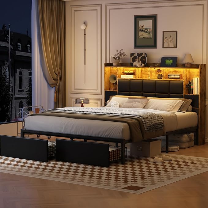 LED Bed Frame King Size with Bookshelf PU Leather Headboard, 2 Hidden Storage Drawers, Upholstered Platform Bed with Charging Station, Metal Slats Support, Noise Free, No Box Spring Needed