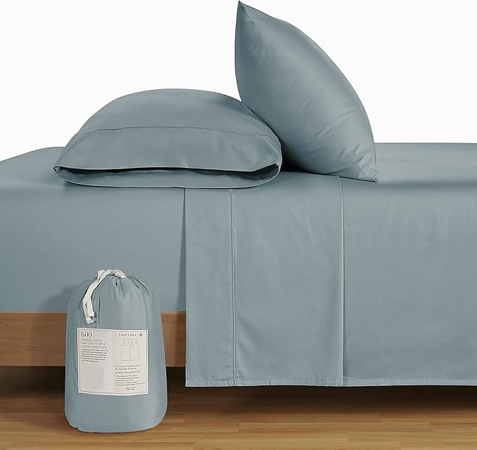 LANE LINEN 100% Cotton 600 Thread Count Twin Bed Sheets - Mercerized Cotton Fully Elasticized Sheets Twin Size, Ultra Soft & Comfy Sateen Weave Bedding Sheets & Pillowcases Sets - French Blue