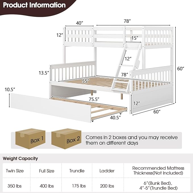 KOMFOTT Wood Twin Over Full Bunk Bed with Trundle, Bunk Bed Frame with Solid Pine Wood Frame, Space-Saving Bed Frame with Ladder & Safety Guardrails, No Box Spring Needed
